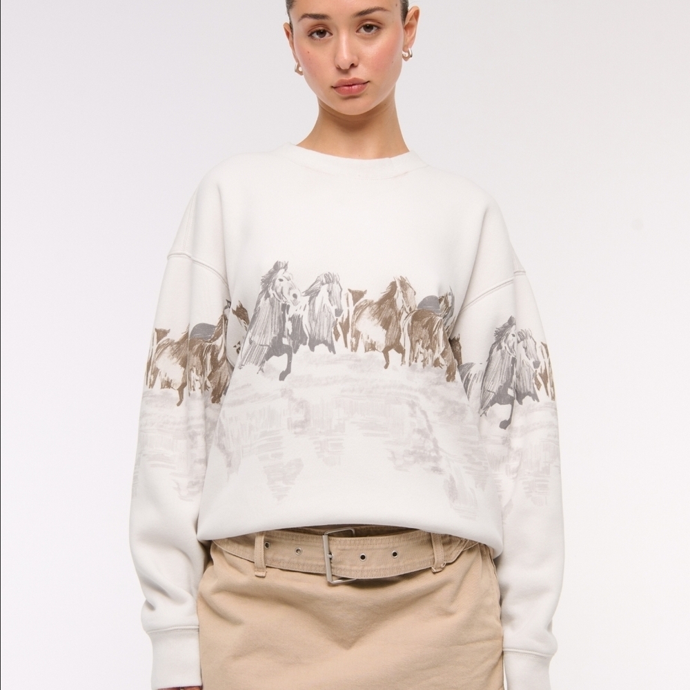 Abercrombie & Fitch Ivory Crewneck Sweatshirt with Taupe Horse Graphic